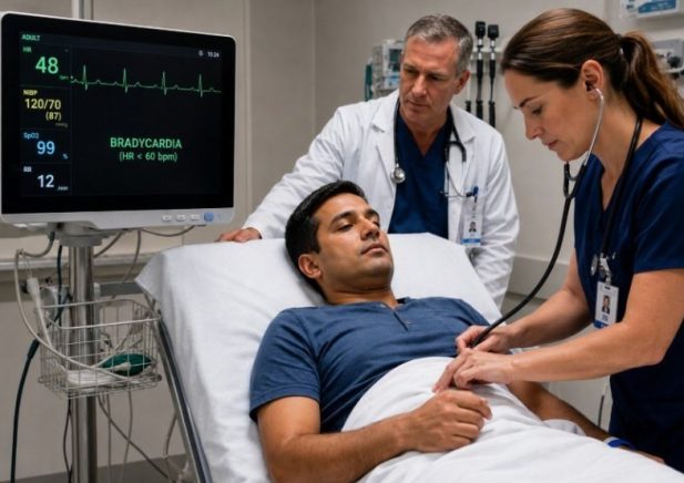 clinical exam room with bradycardia monitor